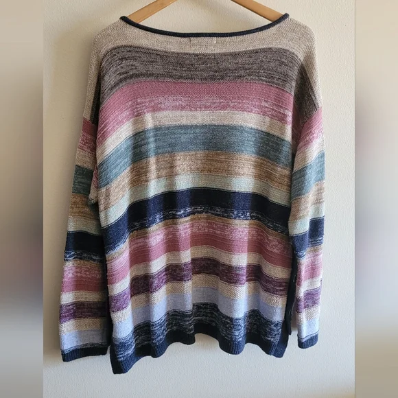 Chaps Boatneck Pullover Knit Sweater Top Women's Petite XL, Cream, Navy and Pink - Picture 6 of 8